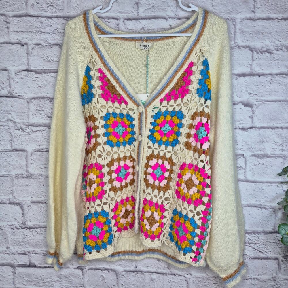 Umgee Crochet Granny Square Cardigan Sweater L XL Boho Knit Button Front Cream